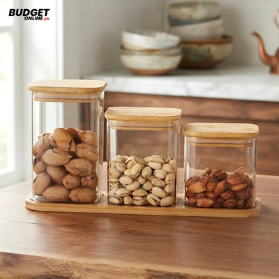 3-Piece Square Glass Jar Set With Wooden Lids