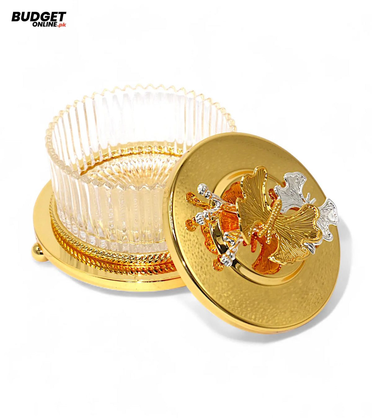 Glass Serving Bowl With Lid And Golden Stand