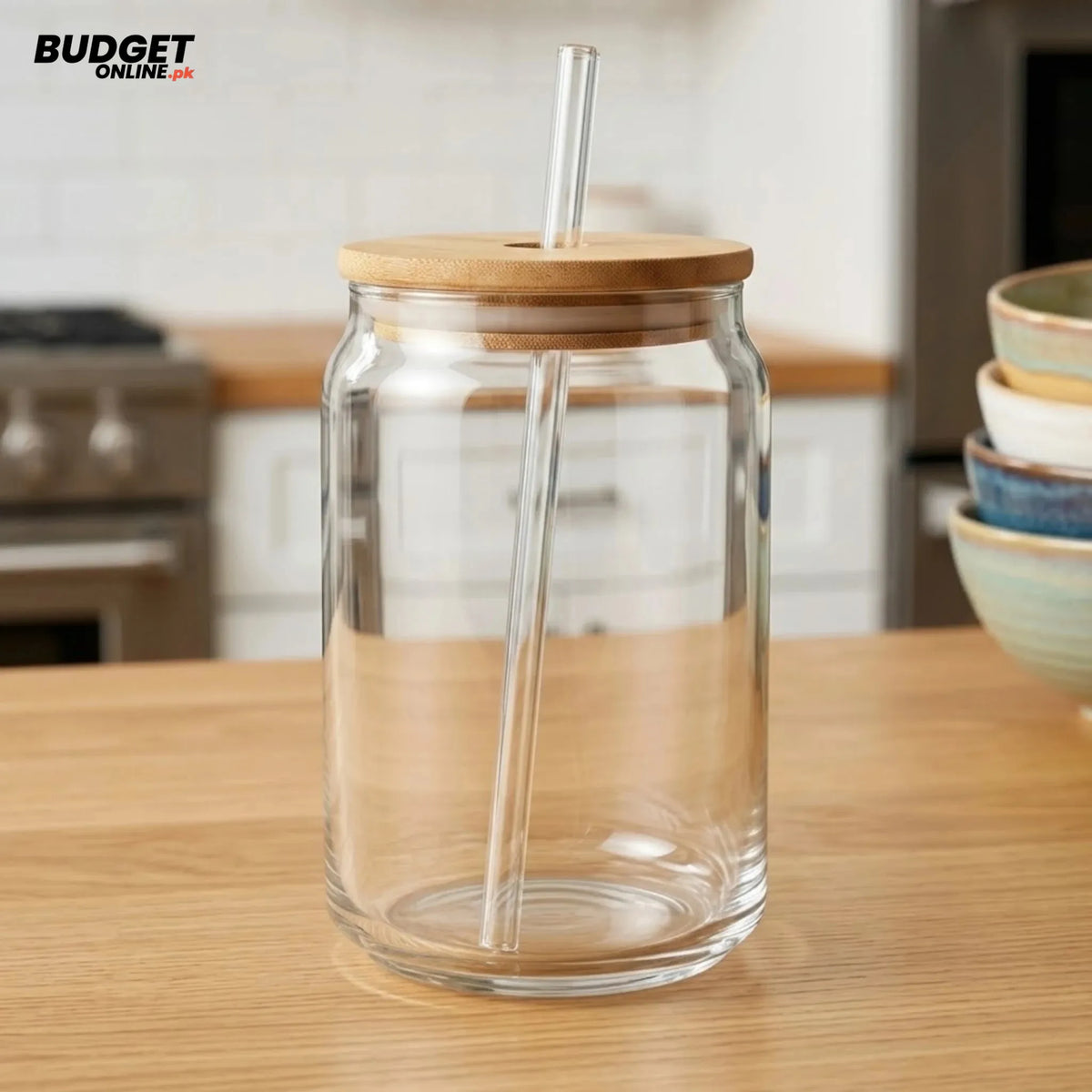 Glass Mason Jar With Wooden Lid And Straw