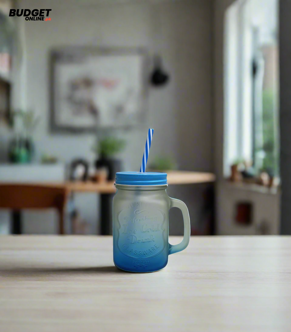 Blue Glass Mason Jar Mug With Straw
