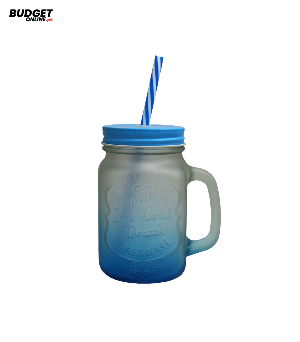 Blue Glass Mason Jar Mug With Straw