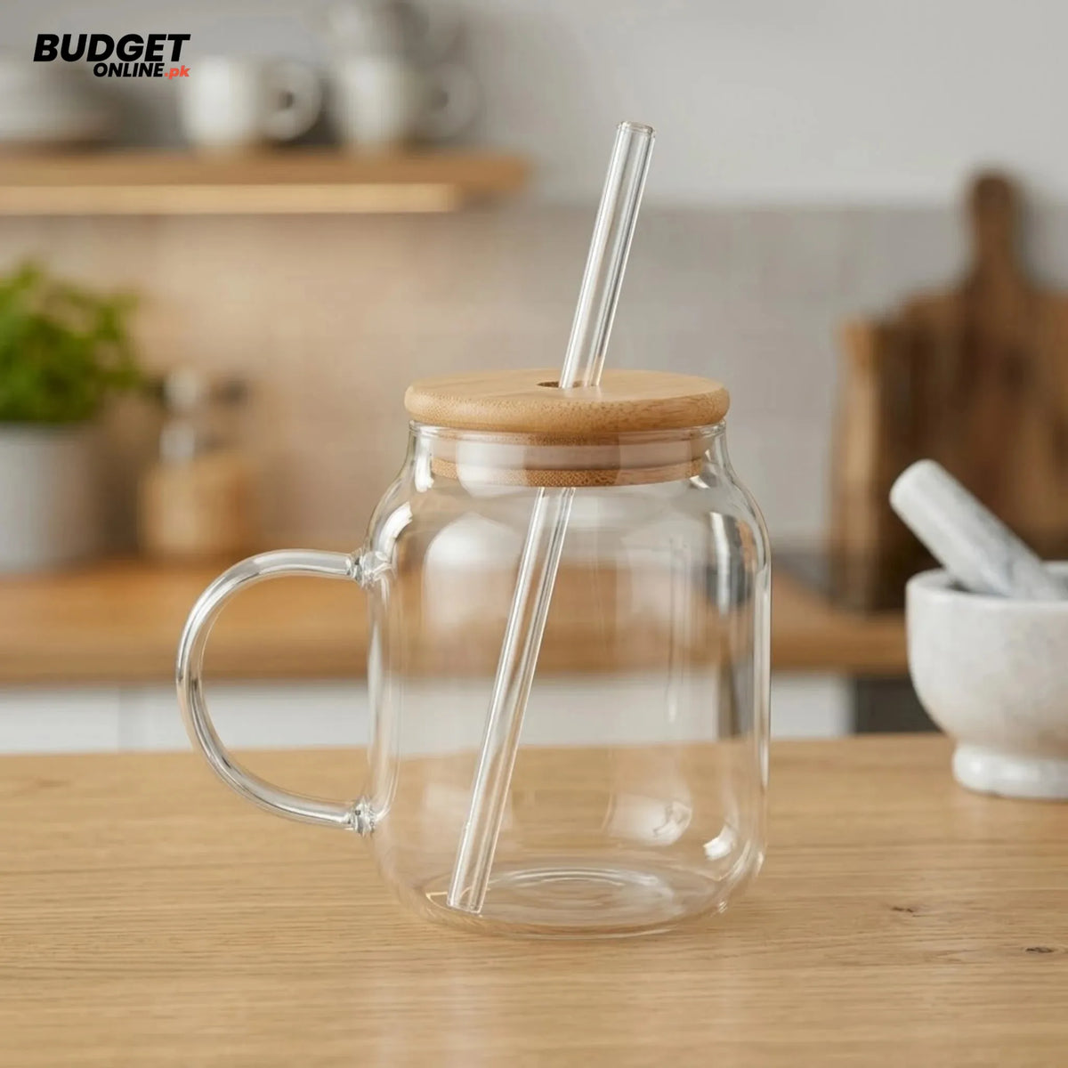 Glass Mason Mug With Wooden Lid