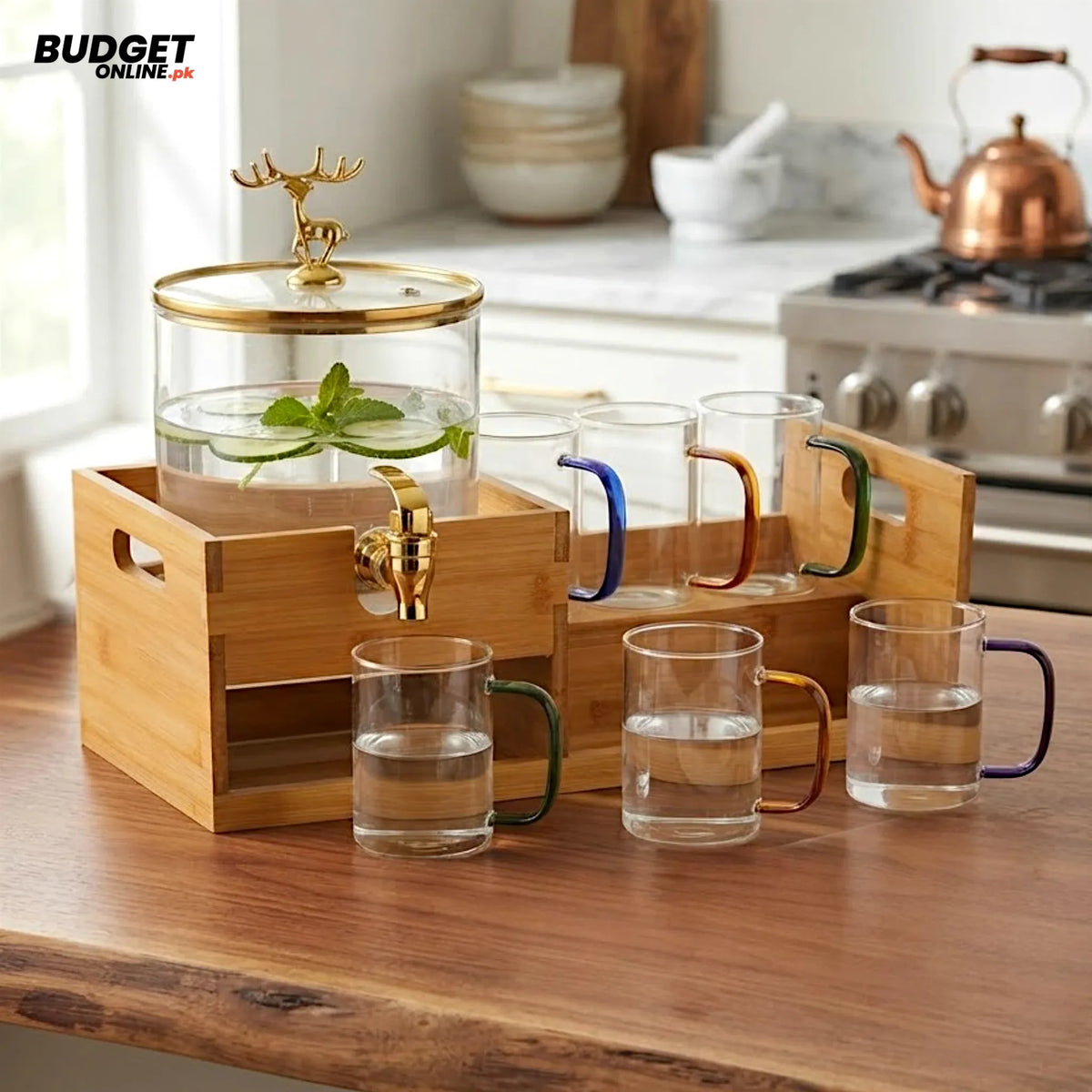 Glass Water Dispenser Set With 6 Mugs