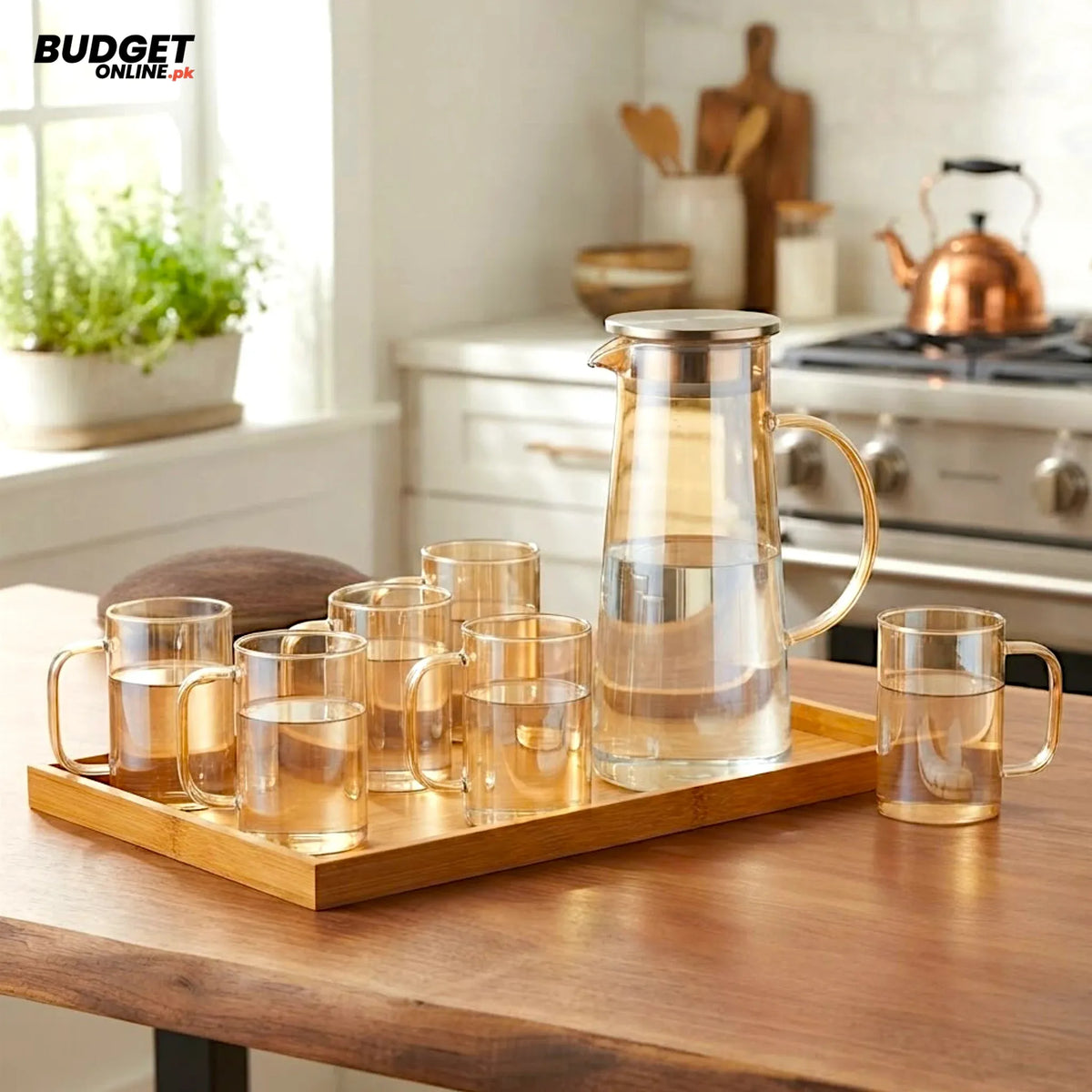 Golden Glass Water Set With Jug and Glasses