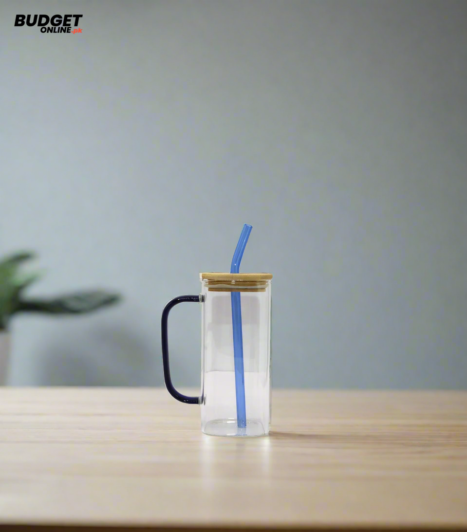 Glass Mason Mug With Wooden Lid And Straw