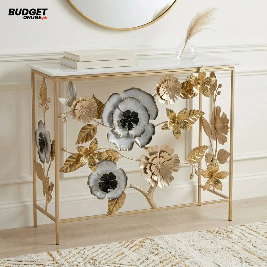 Floral Metal Console Table with White Marble Top