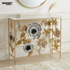 Floral Metal Console Table with White Marble Top