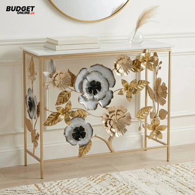 Floral Metal Console Table with White Marble Top