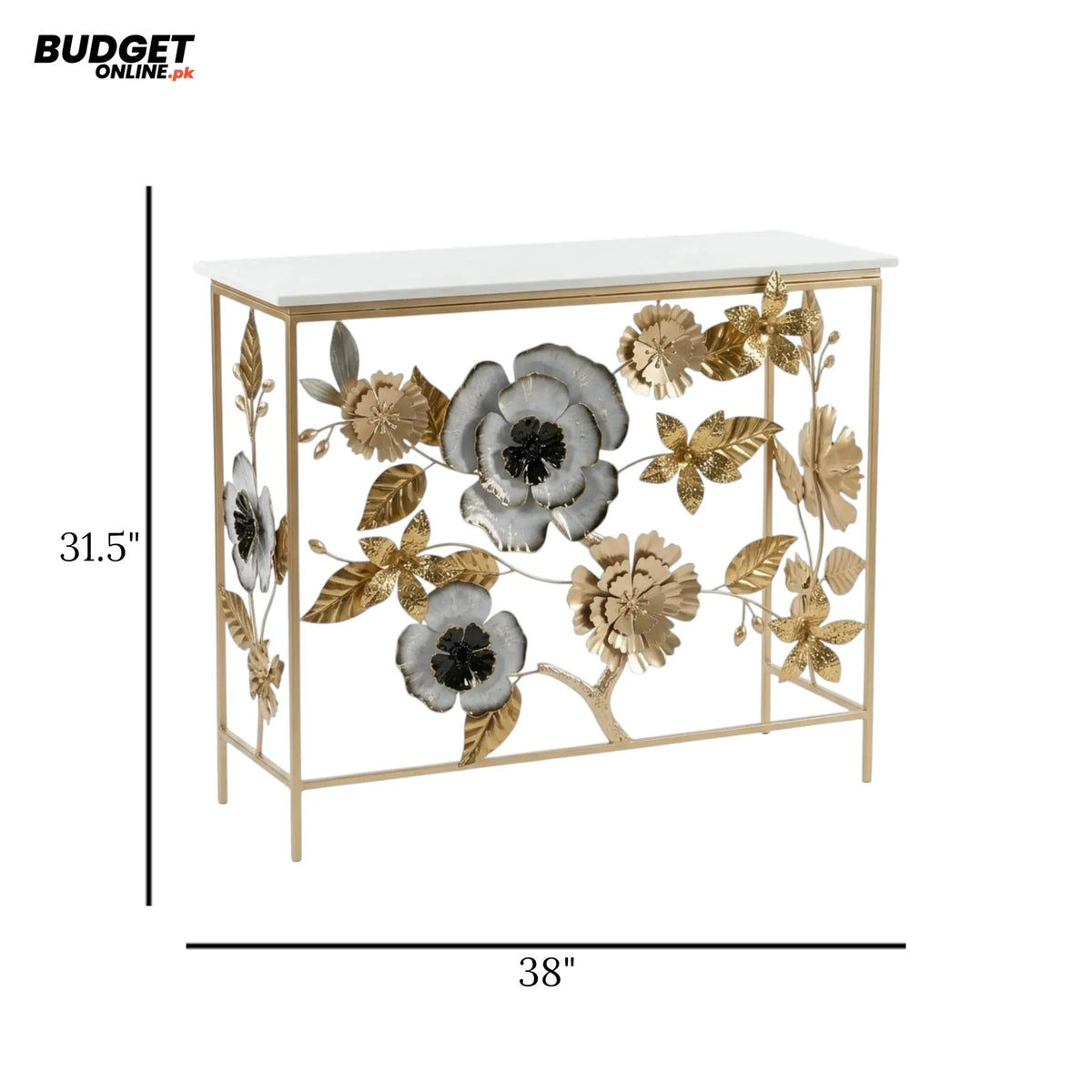 Floral Metal Console Table with White Marble Top