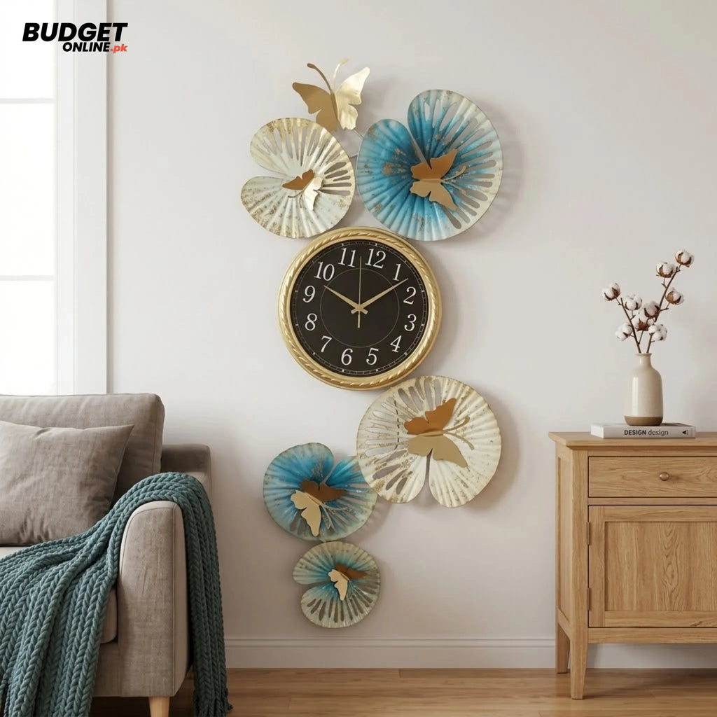 Gold & Blue Butterfly Metal Wall Clock