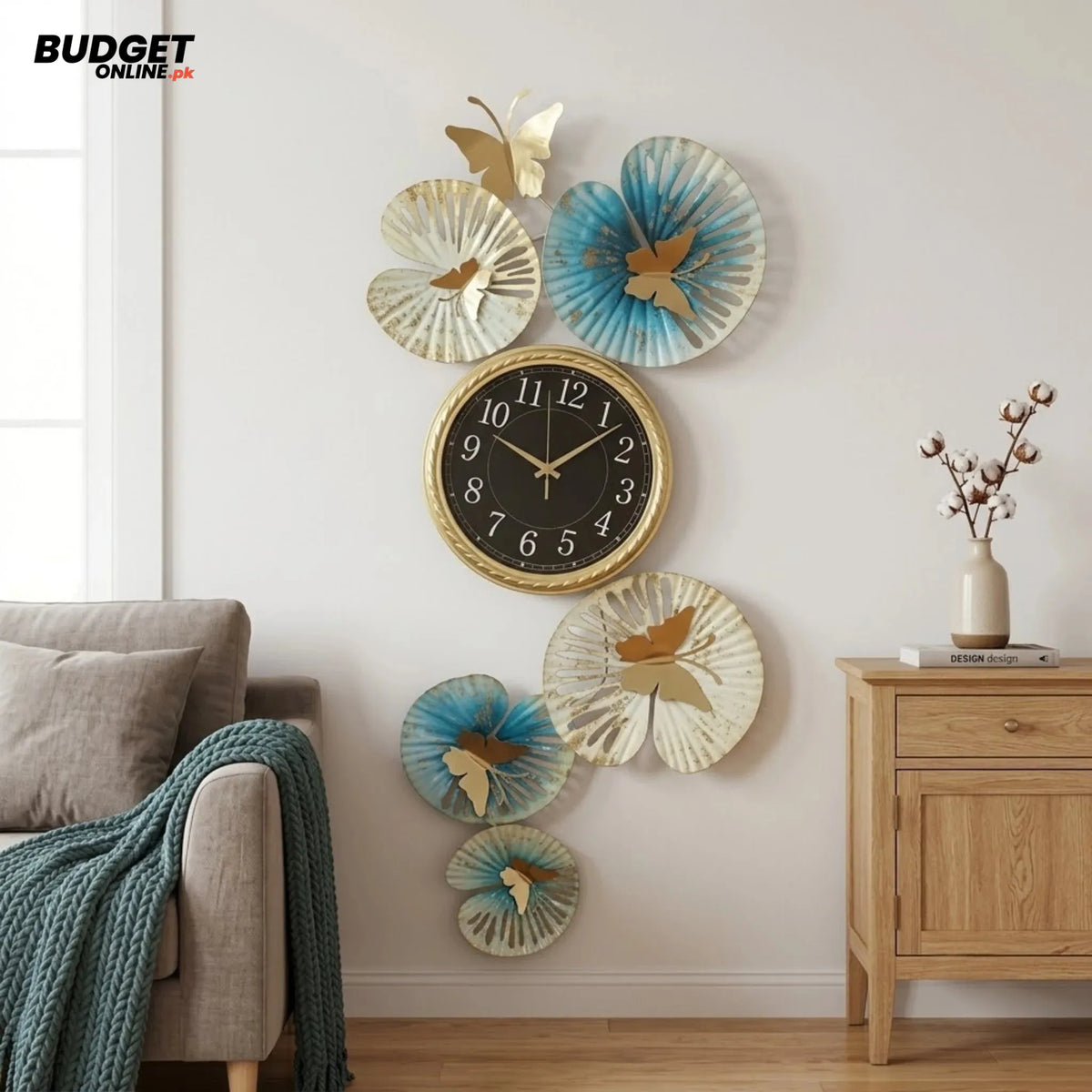 Gold & Blue Butterfly Metal Wall Clock