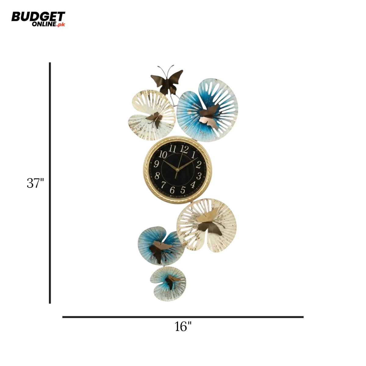 Gold & Blue Butterfly Metal Wall Clock