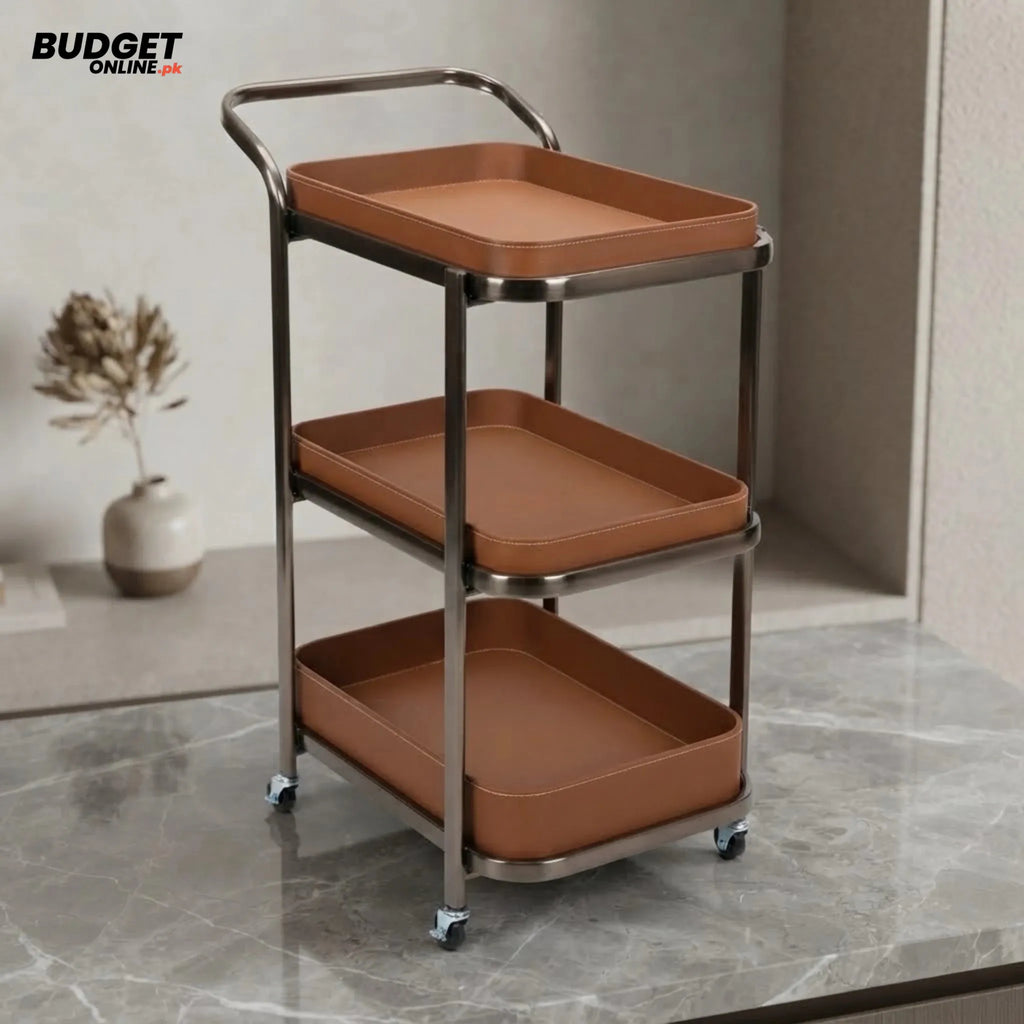 Three-Tier Metal Tea Trolley With Brown Trays