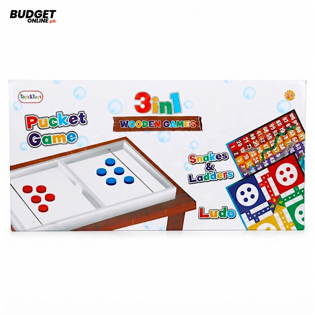 3-in-1 Wooden Pucket, Ludo & Snakes and Ladders Game