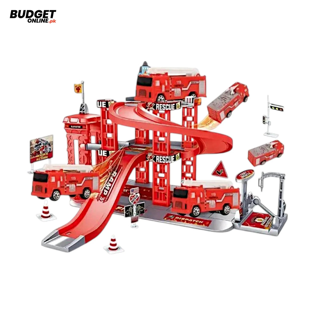 Rescue Fire Station Parking Track Set With 2 Trucks