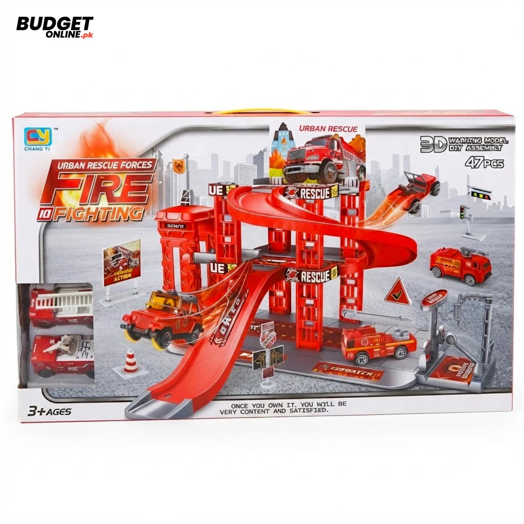 Rescue Fire Station Parking Track Set With 2 Trucks
